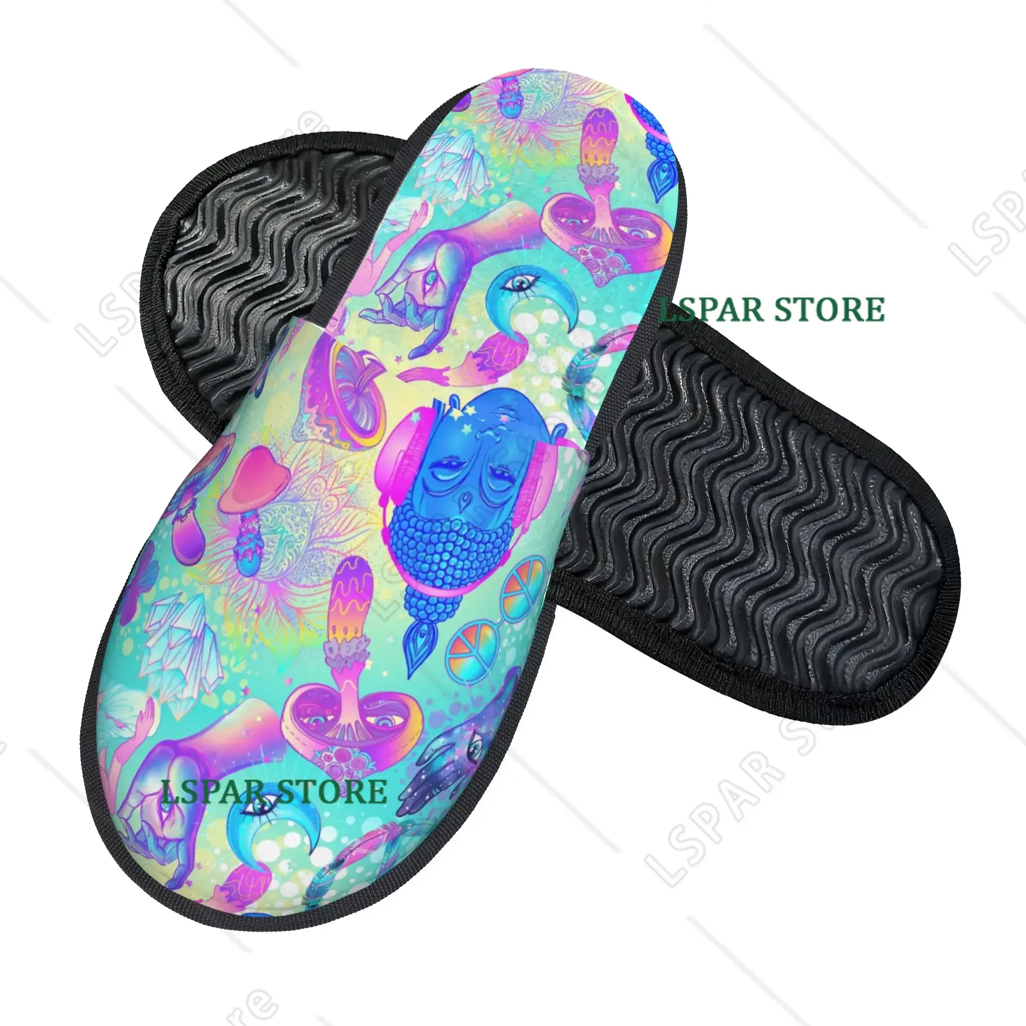 Psychedelic Magic Mushrooms Non‑Slip Couple Family Bedroom Dorm Apartment Cotton Slippers Trippy Pattern Indoor Warm Slippers