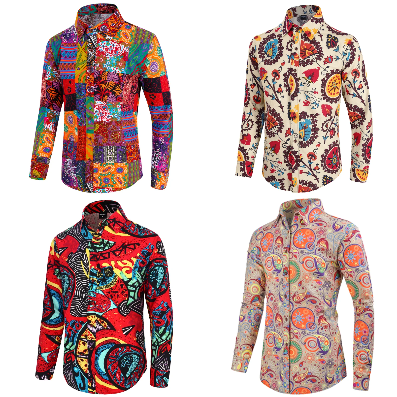Men Shirt 70s Disco Dress Shirt Vintage Floral Shirts Mens Hippie Funky Fancy Costume Long Sleeve Casual Button Down Costume