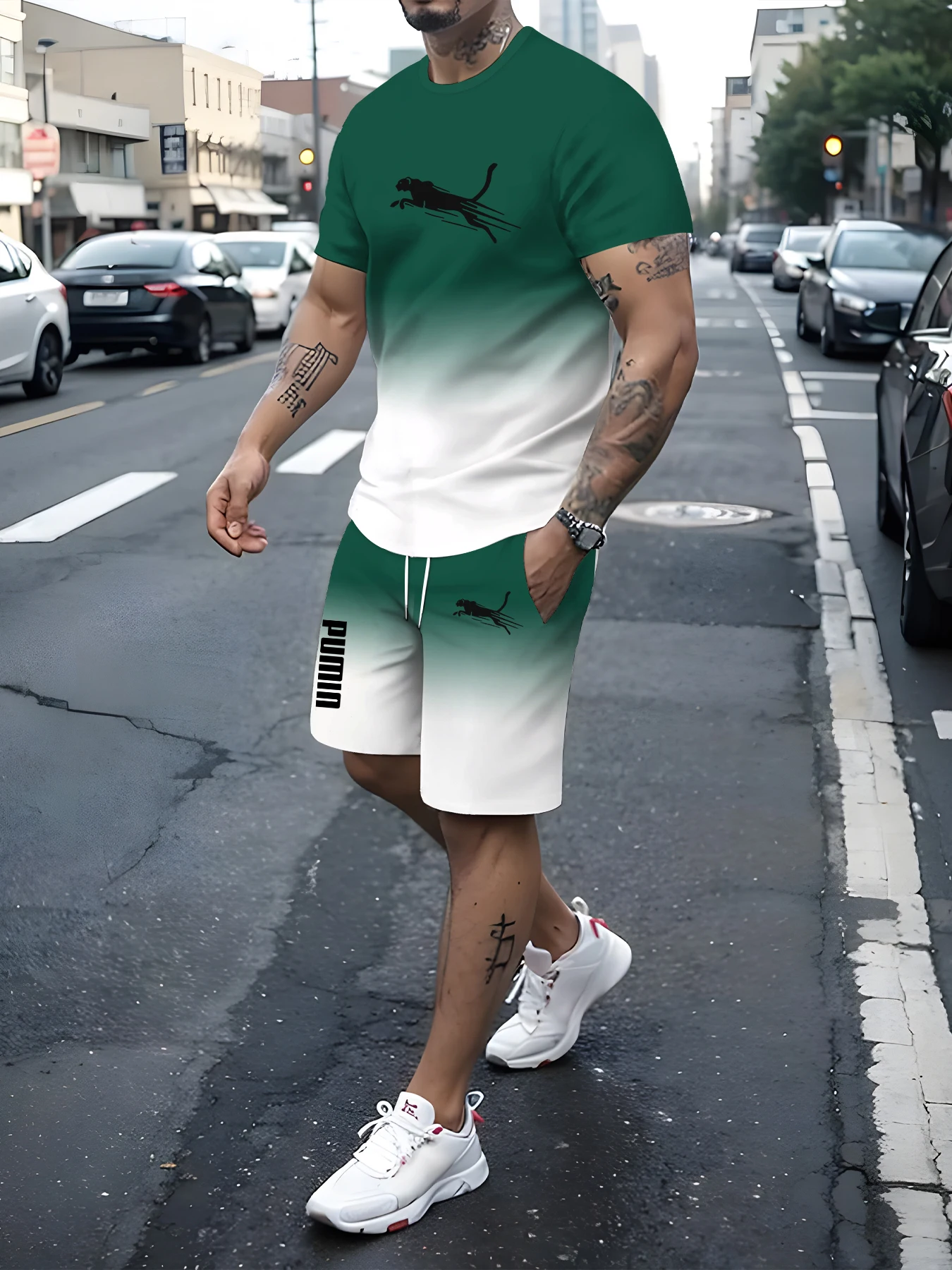 2024 new men\'s sportswear fitness set Running set Casual T-shirt + shorts set Breathable jogging men 2 gradual change sets