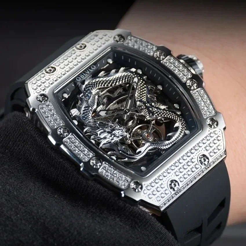 OBLVLO ساعة أوتوماتيكية للرجال Tonneau ساعة يد ميكانيكية هيكل عظمي التنين الهاتفي الياقوت 50 متر مقاوم للماء مضيئة #6
