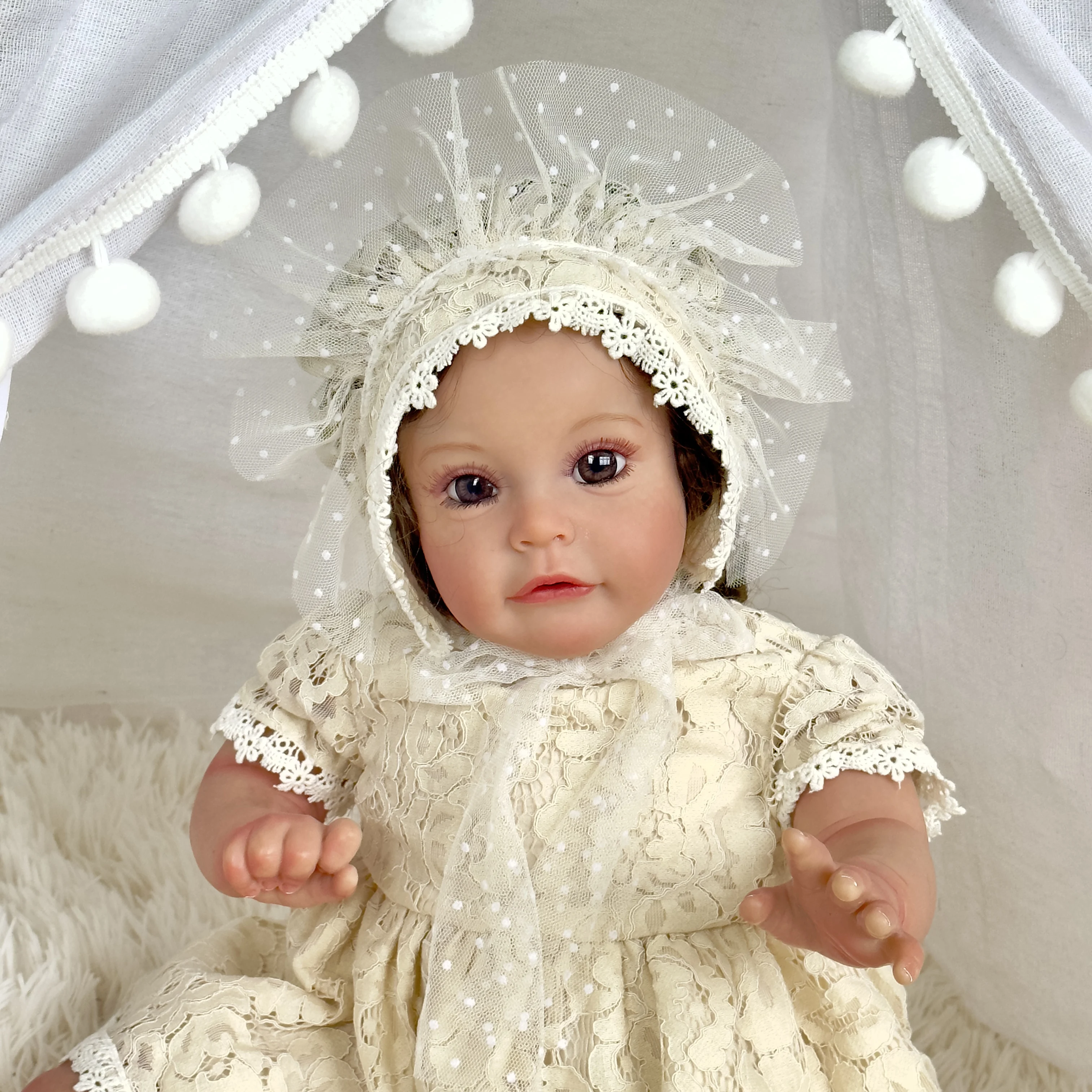 SANDIE 23inch 60CM Reborn Sue-Sue Toddler Girl 3Month Baby Size Pure Hand Painting 3D Skin Hand-rooted Brown Curly Hair