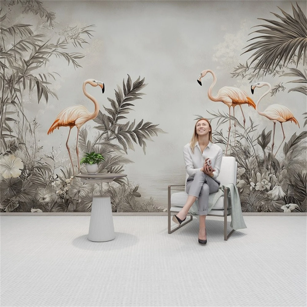 Papel pintado con foto de flamencos pastorales europeos personalizado, ropa de cama suave para habitación, sofá, TV, telón de fondo, Mural, papel de pared para pegatinas de paredes