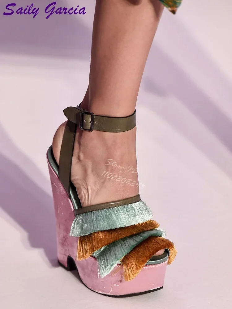 

Sexy Fringe Wedges Sandals Round Toe Buckle Strap Suede Platform High Heels Mix Colors Dress Fashion Shoes 2025 Summer Women
