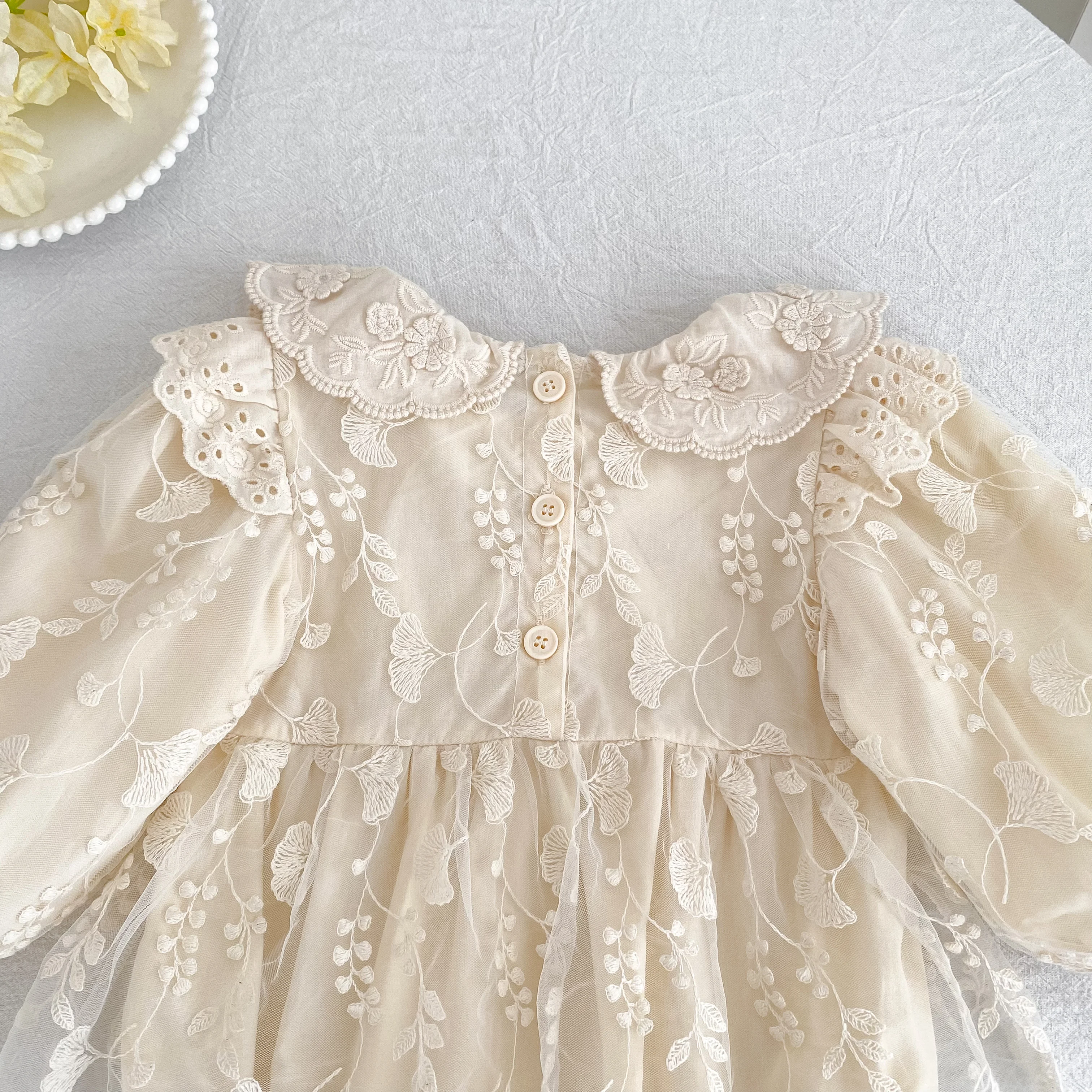 Baby-Mädchen-Strampler aus Spitze, langärmelig, mit Stickerei, Peter-Pan-Kragen, Body, Neugeborenen-Overall, beige, Geburtstags-Foto-Outfit, 0-24 Monate – Detail 8