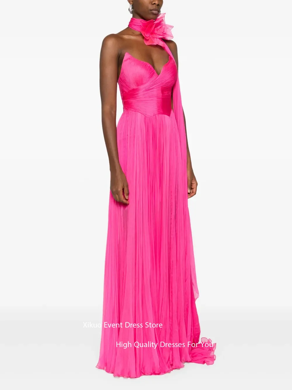 Gaun Malam Chiffon Merah Muda Xikuo dengan Kerah Floral Sweetheart Vestidos De Fiesta Sweetheart A Line Robe De Soirée Dapat Disesuaikan