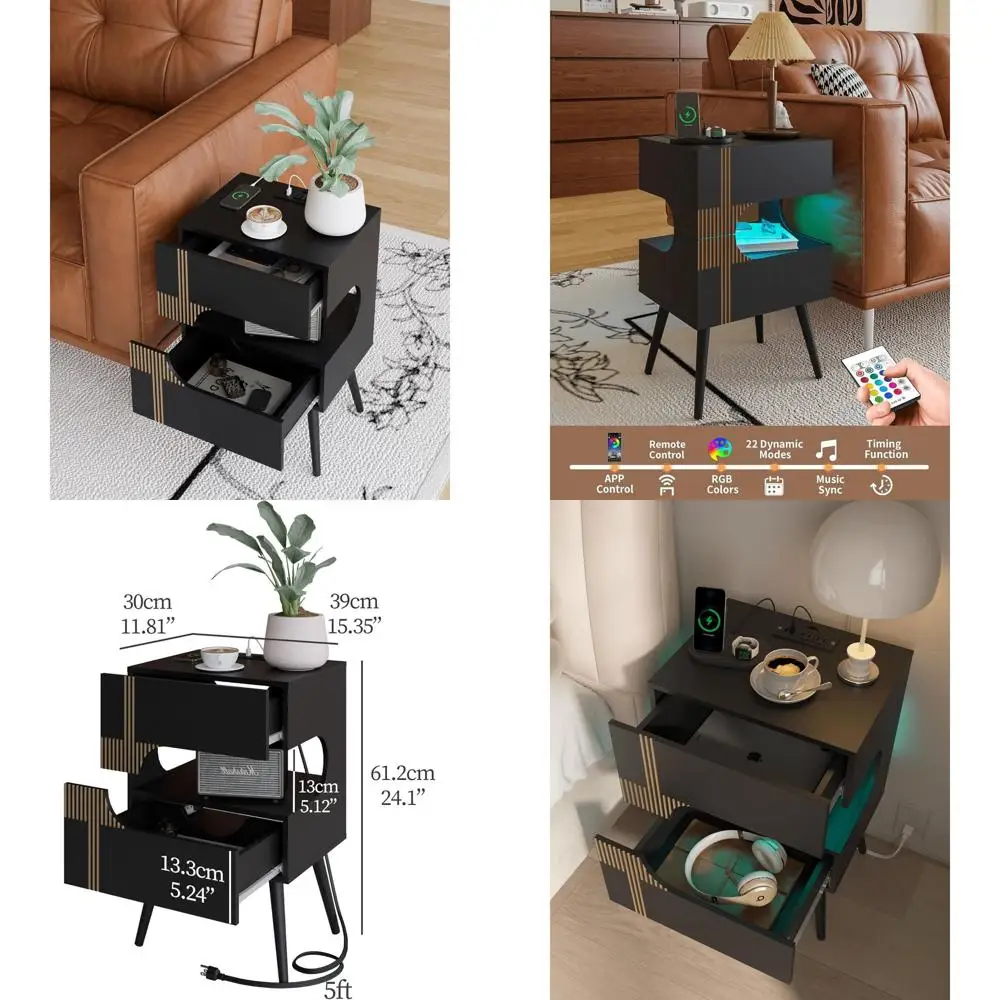 

Белая современная тумбочка с зарядной станцией, светодиодной подсветкой и двумя ящиками, ножками из массива дерева