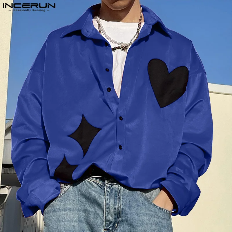 INCERUN Tops 2024 Korean Style Men's Fashion Heart Patterned Shirts Casual Streetwear Male Personality Long Sleeved Blouse S-5XL