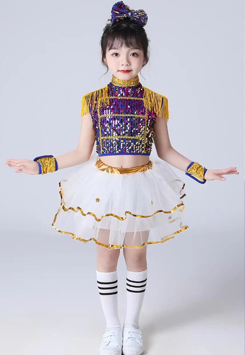 Children Modern Dance Suit Sequin Jazz Dance Clothing Set For Girls Boys Kids Dance Outfit Stage Suit Cheerleader Dress