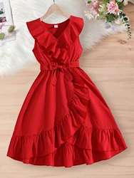 Girls' Dress Summer New Style Medium And Large Children's Fashionable Butterfly Belt Dress Party Holiday Casual Dress