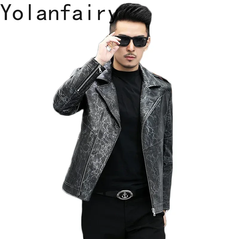 YOLANFAIRY Autumn Winter Jacket Men Clothing Genuine Leather Jacket Men Suit Collar Short Fashion Top Layer Cowhide Leather Coat