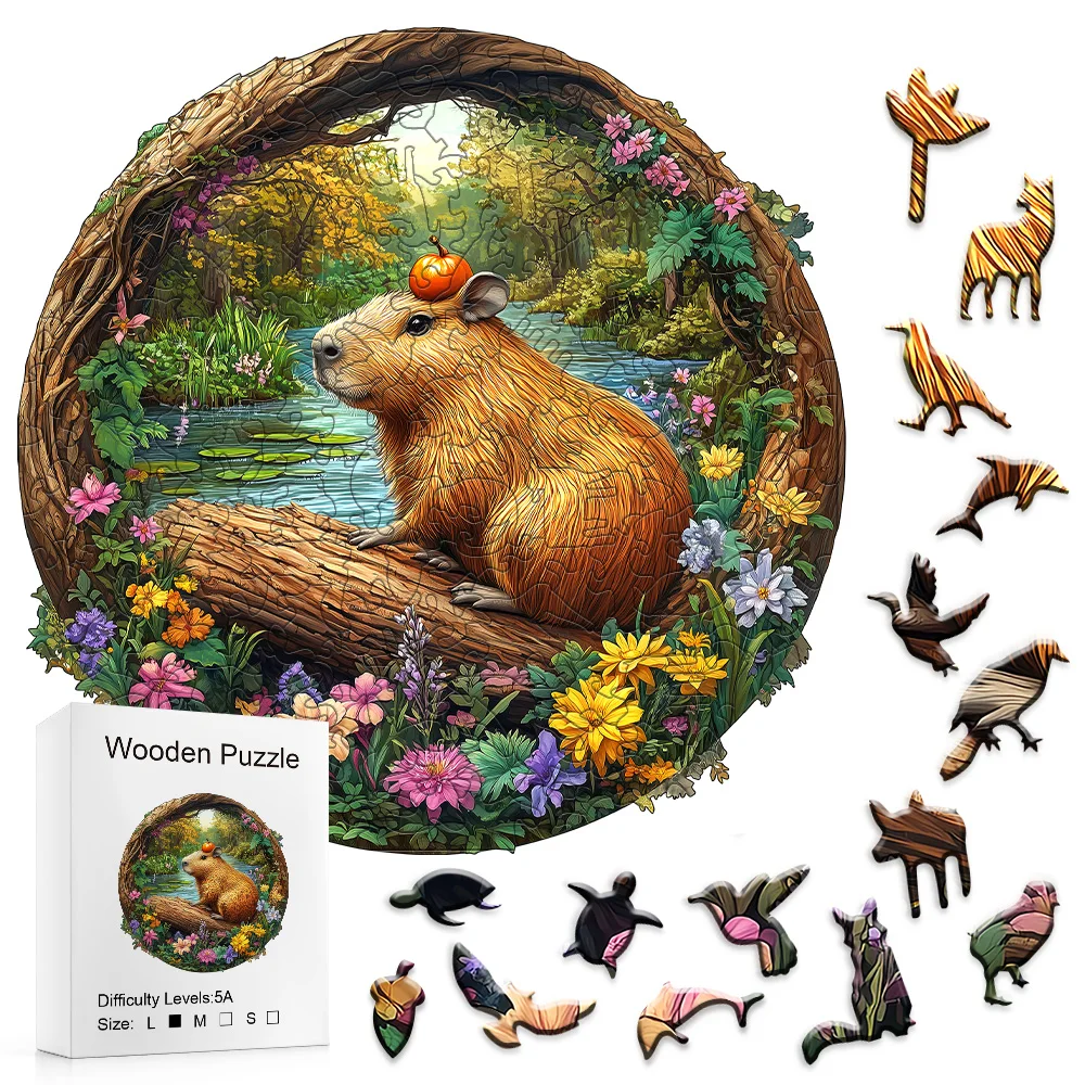 Wooden Jigsaw Puzzle - Capybara with Pumpkin Forest Animal Puzzle, Unique Irregular Shaped Pieces, 4-6 Hours Assembly, Eco-Frien