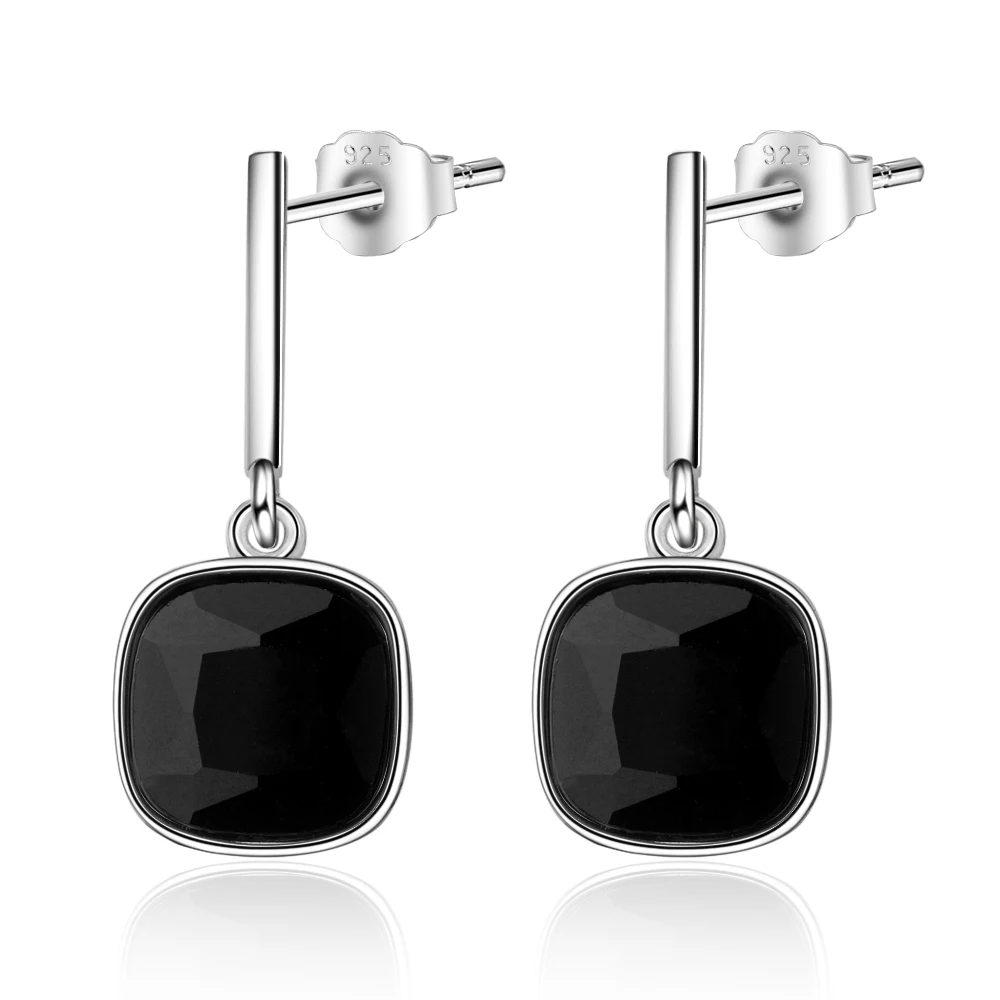 Girls Real 925 Sterling Silver Black Stone Square Stud Earring Brincos Women Daughter Birthday Party Gift Jewelry DS4360