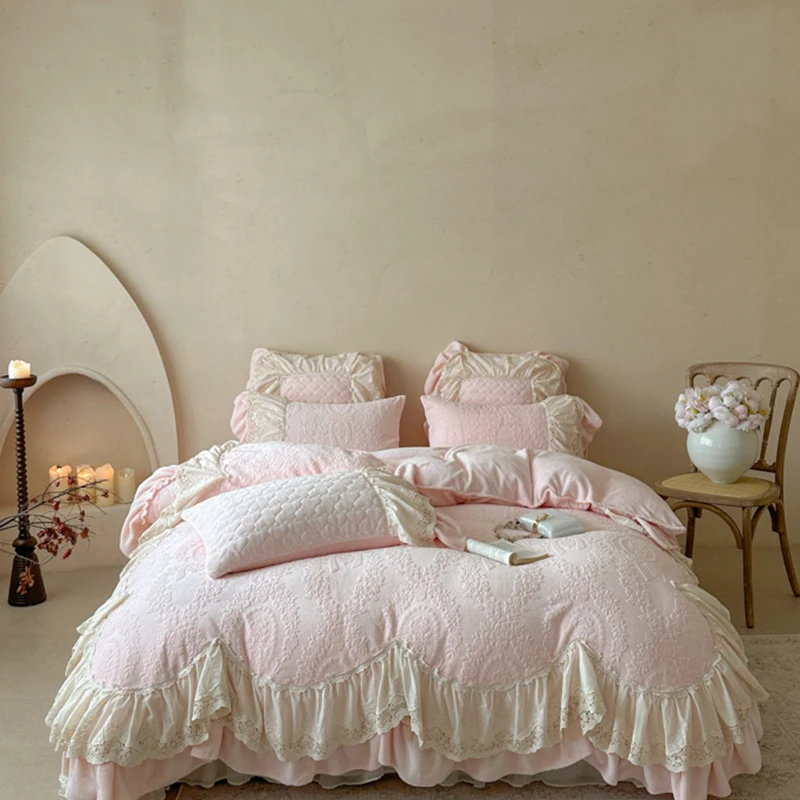 Romantic French Double Layer Lace Ruffles Carved Velvet Princess Wedding Bedding Set Duvet Cover Bed Sheet Pillowcases 4Pcs