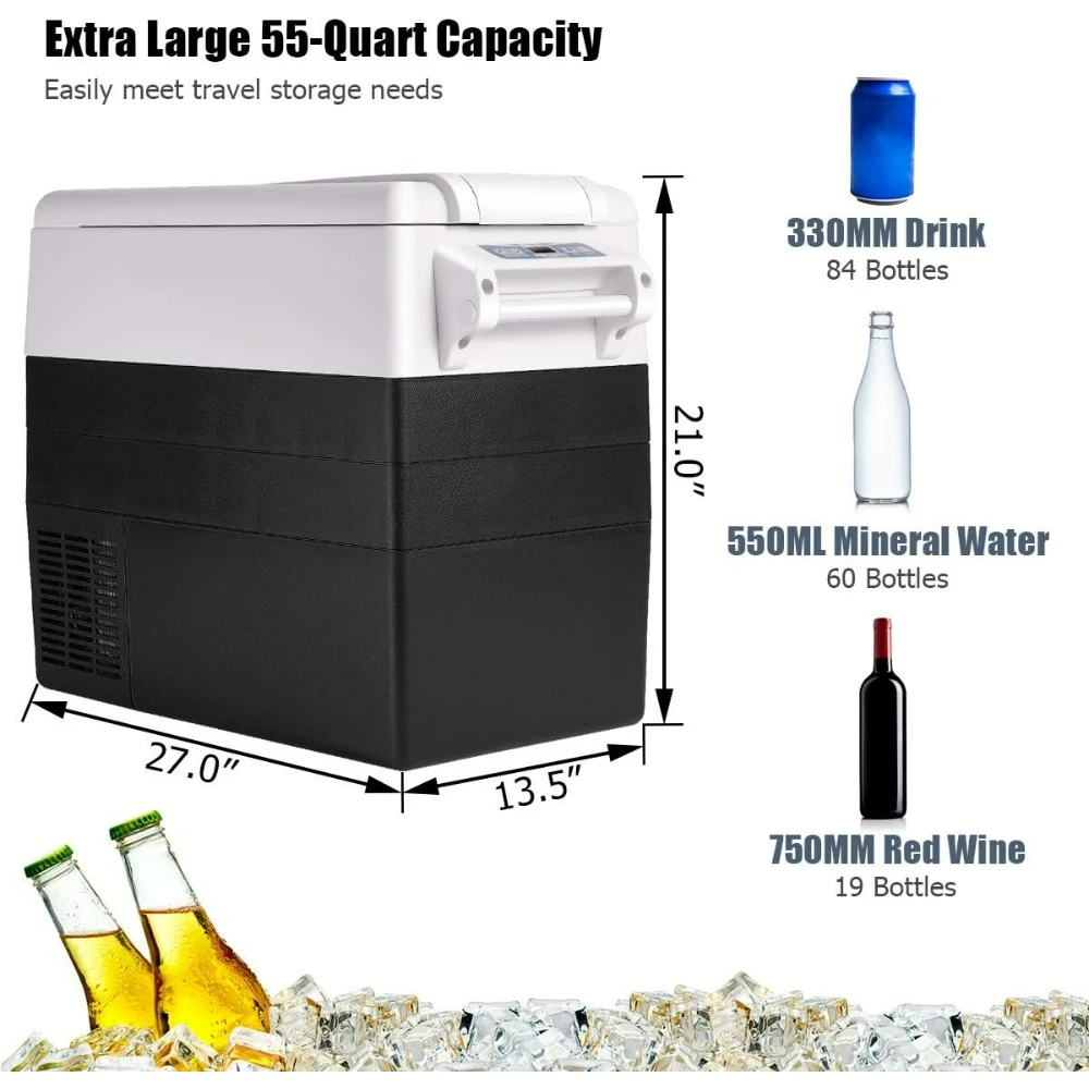 Portable Car Refrigerator, 55-Quart Dual-zone Electric Cooler with LCD Display,  Refrigerator for RV Travel Camping, Black