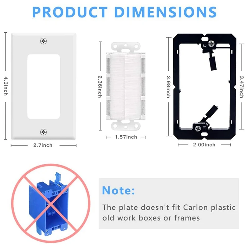 B44C2-Pack Brush Wall Plate with Single Gang Low Voltage Mounting Bracket Cable Pass Through Insert for Speaker Wire