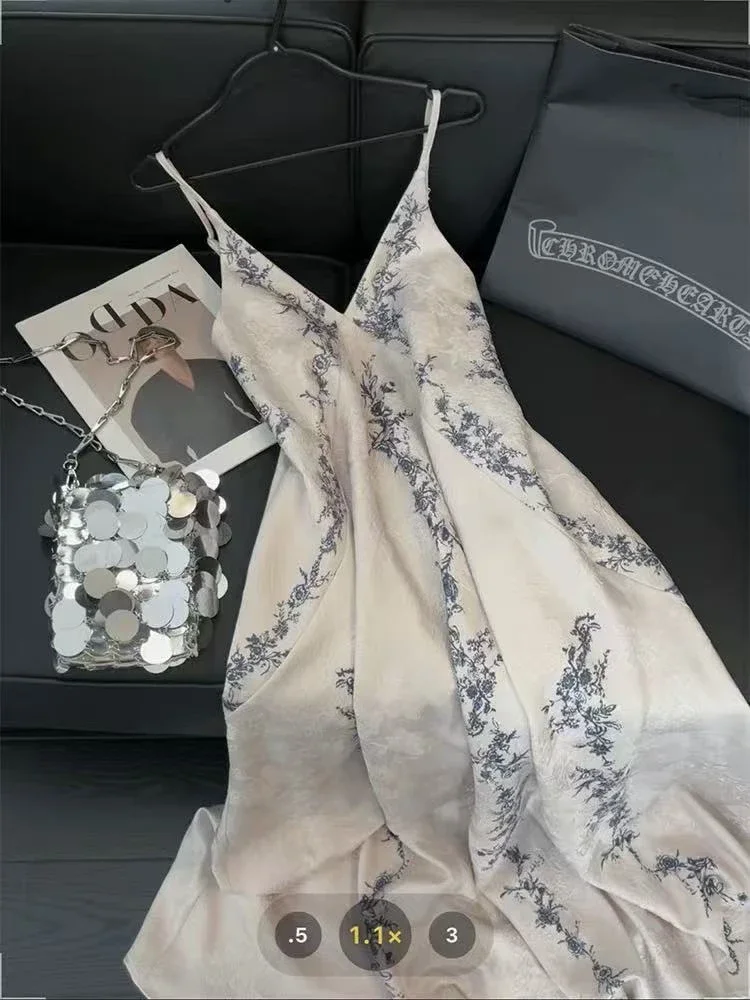 여성을위한 빈티지 프린트 캐미스 옷 한국어 우아한 스파게티 스트랩 민소매 미디 드레스 여름 캐주얼 비치 파티 베스 티드