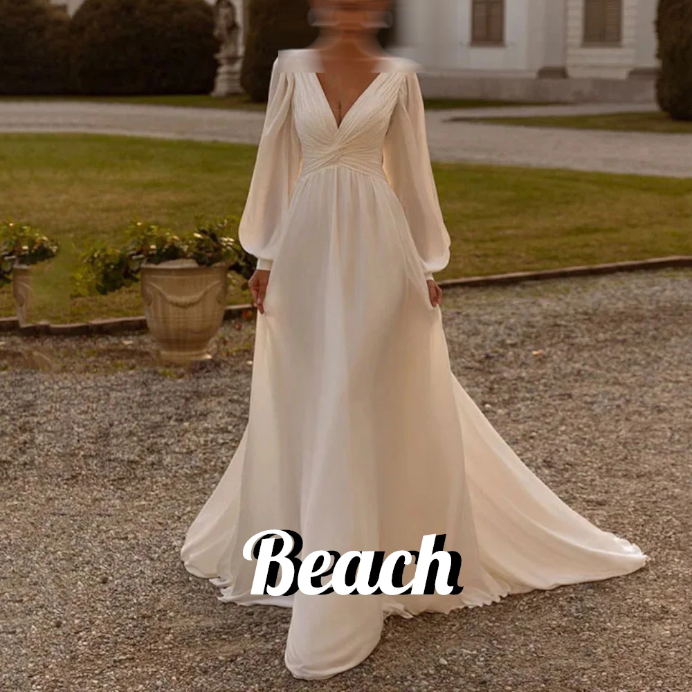 

Beach Customized Boho Chiffon Wedding Dresses A Line V Neck Bride Dress Long Puff Sleeve Elegant Floor Length Wedding Gowns