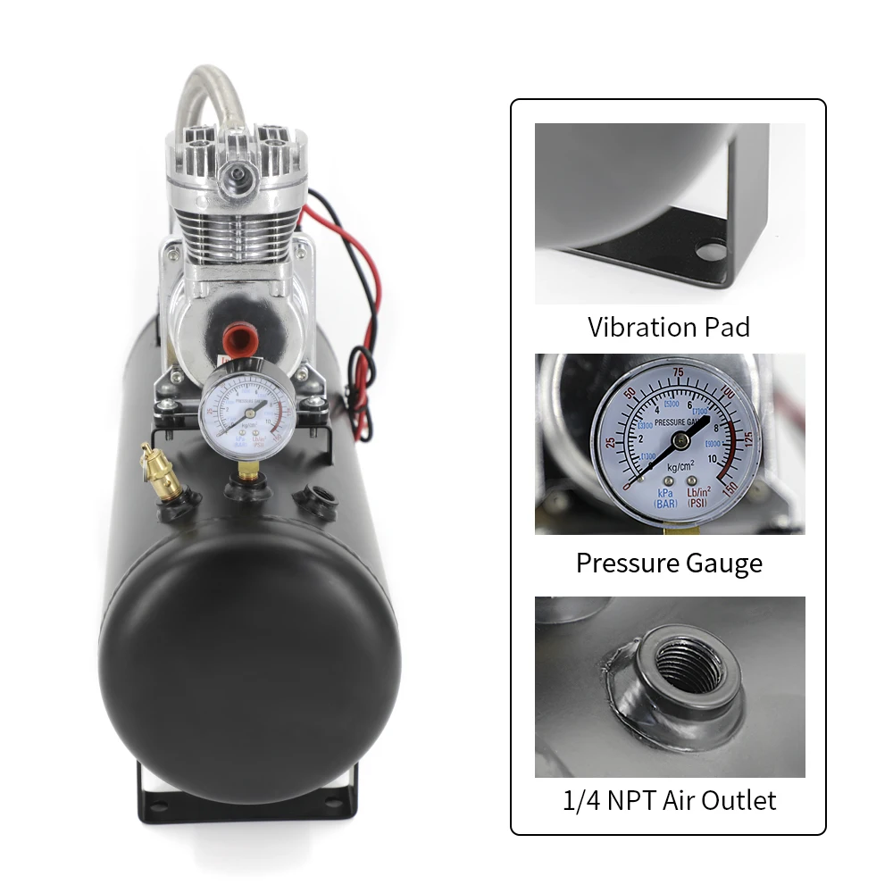 Universal 12v Car Air Ride Suspension Kit Tire Inflation Tool with 1.5 Gallon Air Tank, Air Compressor ,pressure Gauge