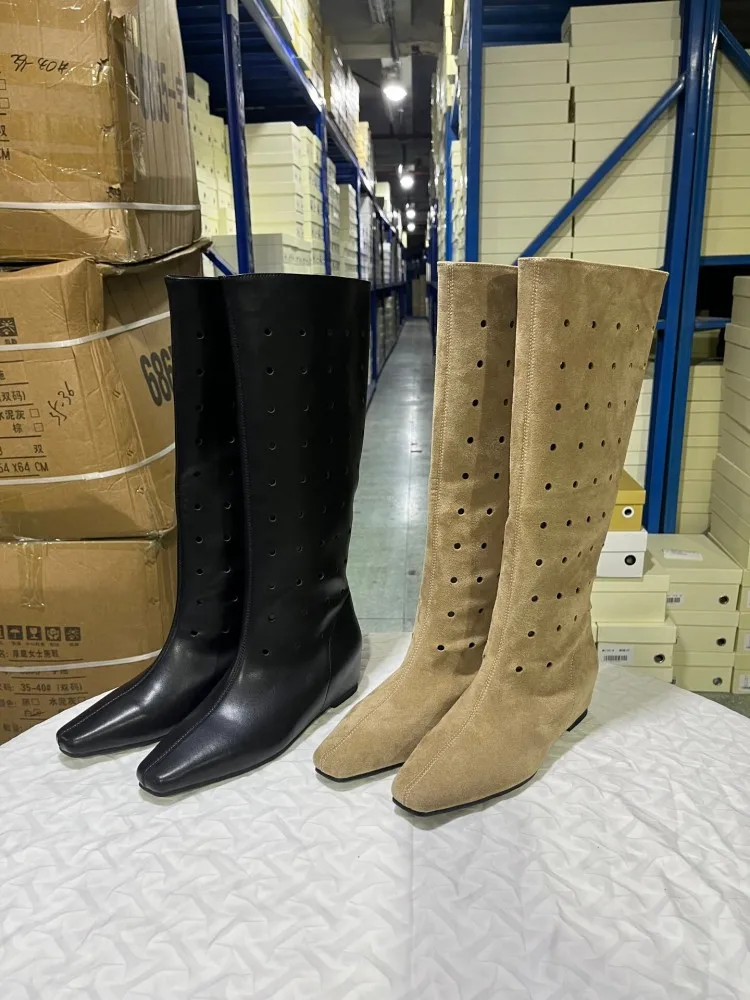New Women Sheepskin Genuine Leahter Long Boots Breathable Hollow Out Slip On Fashion Shoes Square Toe Hidden Heels Knight Boots