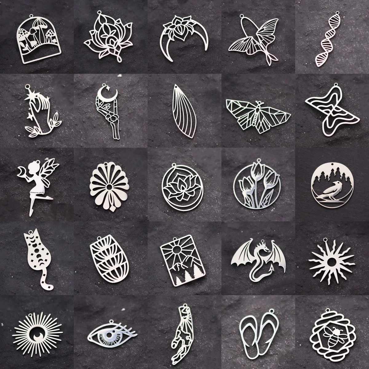 3pcs Animal Dragon Crow Cat Bee Fairy Elf Charms Crescent Star Lotus Amulet Stainless Steel Pendant Jewelry Making diy Materials