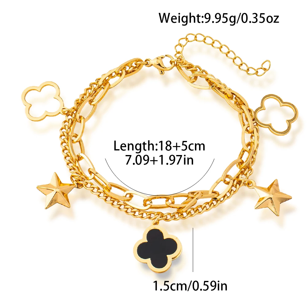 Charm-Armband Dubai Vergoldeter Edelstahl Schwarze Emaille Ineinandergreifende Kette Stern-Motiv Glücksbringer Schmuck-Accessoires 5-teiliges Set – Detail 14