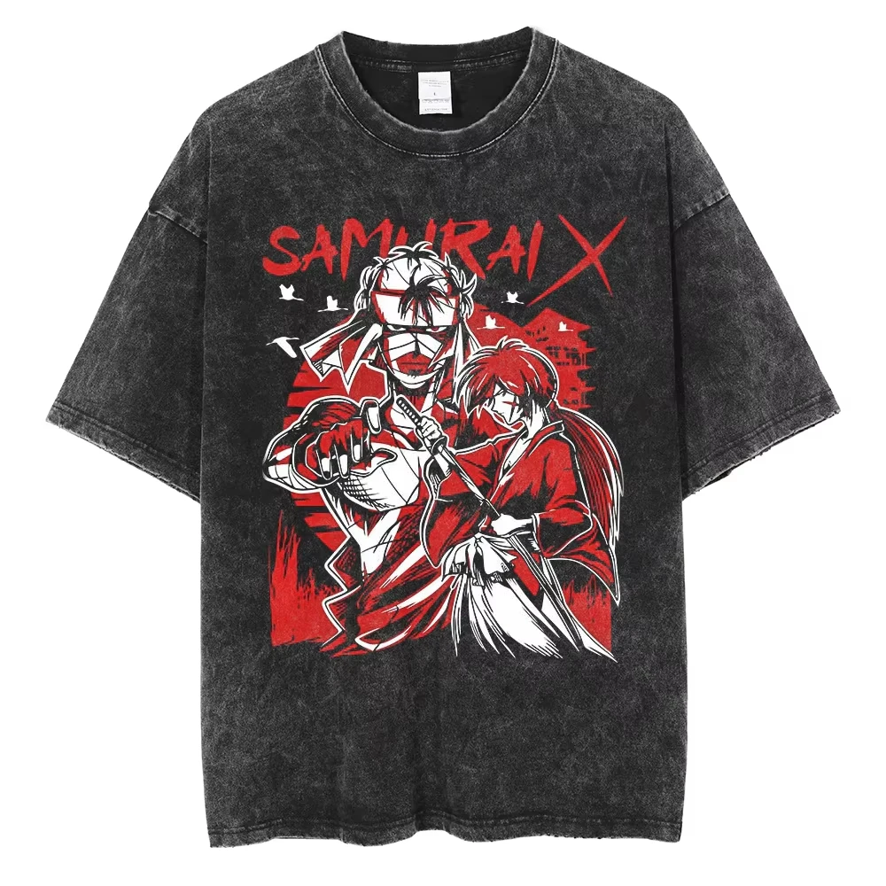 Harajuku Anime Rurouni Kenshin Himura Kenshin Print Tshirt Men Manga Oversized T-shirts Washed Cotton Casual Short Sleeve Tee