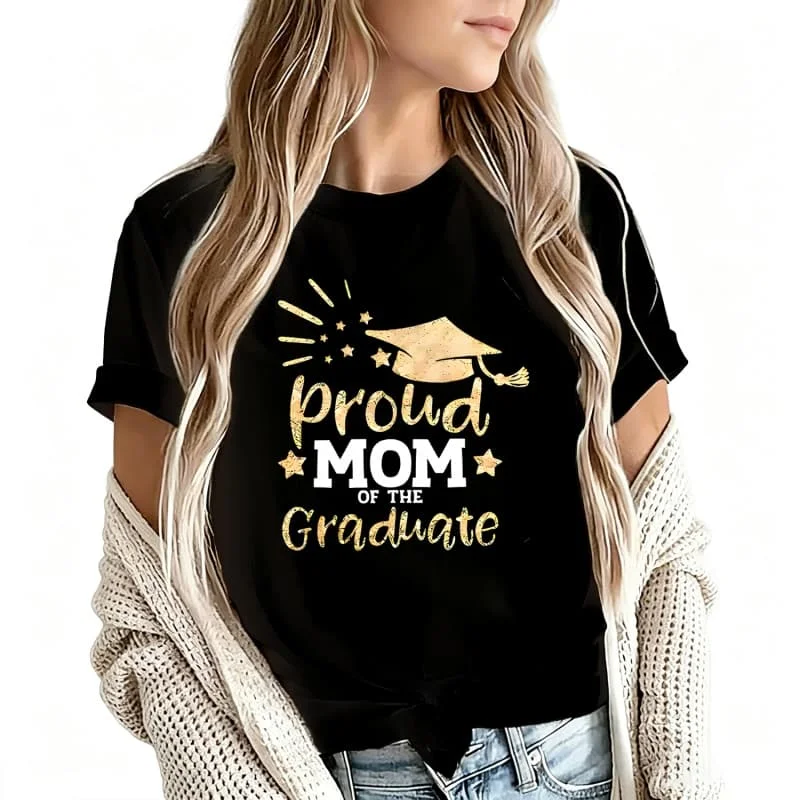 Proud Mom of the Graduate Women's T-Shirt 100% Cotton Funny Graphic Short Sleeve Tee Novelty Shirt Casual Crew Neck Top S-5Xl