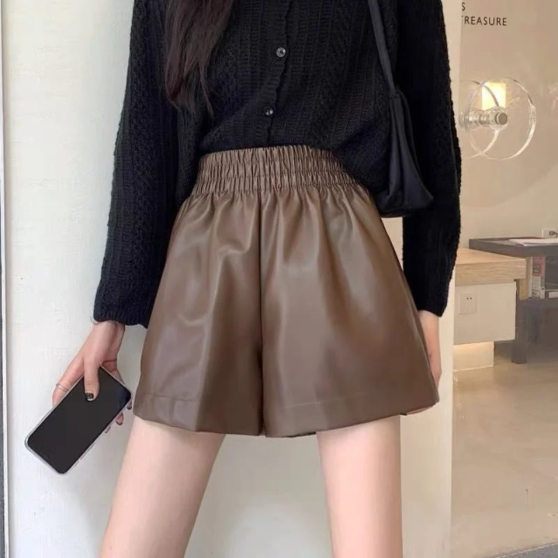 Korean High Waist Thin A-line Leg Shorts Women\'s Casual Loose Pu Leather Pants Clothing Women Pants Summer Shorts