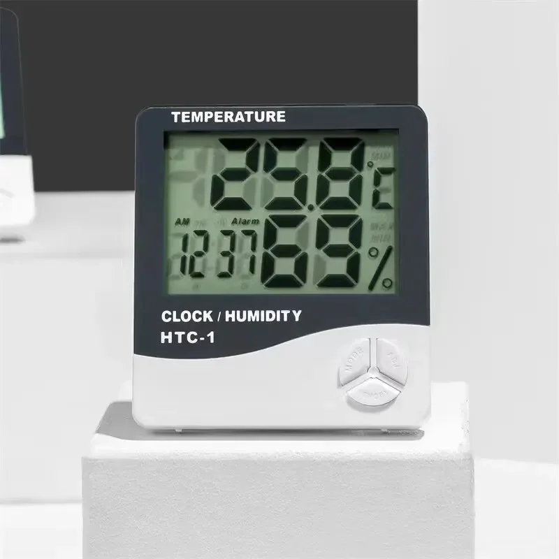 HTC-1 Digital Thermometer Hygrometer Clock Alarm/Alarm Calendar 5 Functions Large Screen Desktop Stand & Wall Mount White