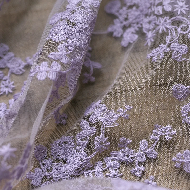 140x50cm Purple Lace Embroidery Gauze Fabric, Making Wedding Dress Clothing Curtain Doll\'s Clothes Background Handmade DIY Cloth