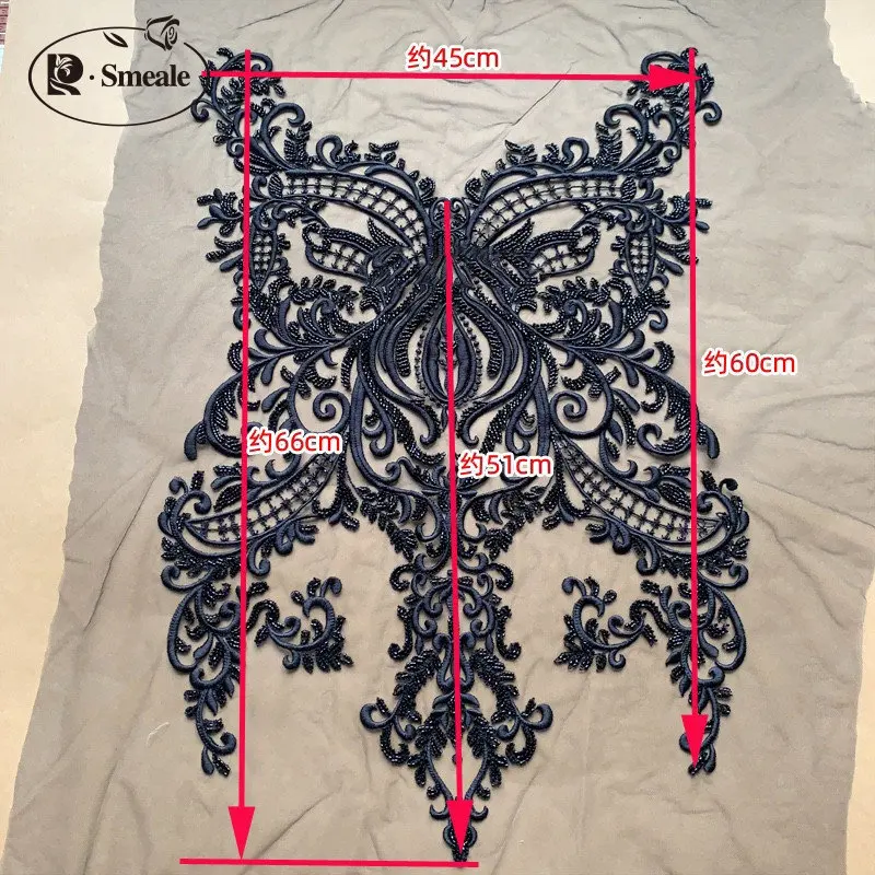 Schwarze, Elfenbeinfarbene, Rote Perlenbesetzte Luxus-Stickerei-Spitzenaufkleber für Hochzeitskleider, Modenschau-Dekoration, Handgemachtes DIY RS4122 – Detail 2