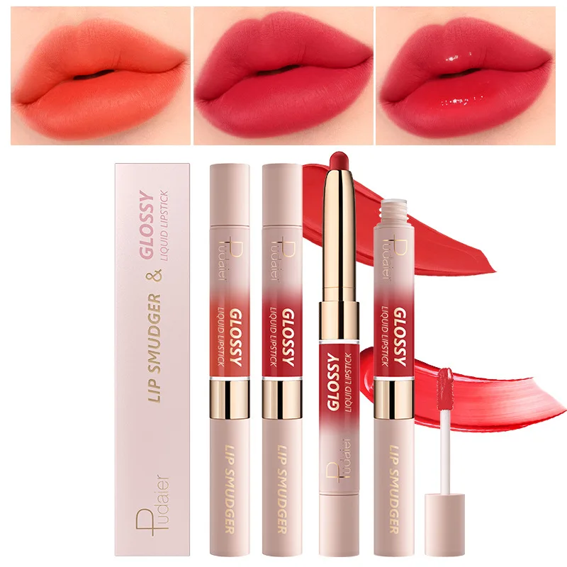 Pudaier lipstik Lip Gloss kepala ganda, 10 warna, Lip Gloss kabut Matte lapisan tahan lama melembabkan, warna beludru