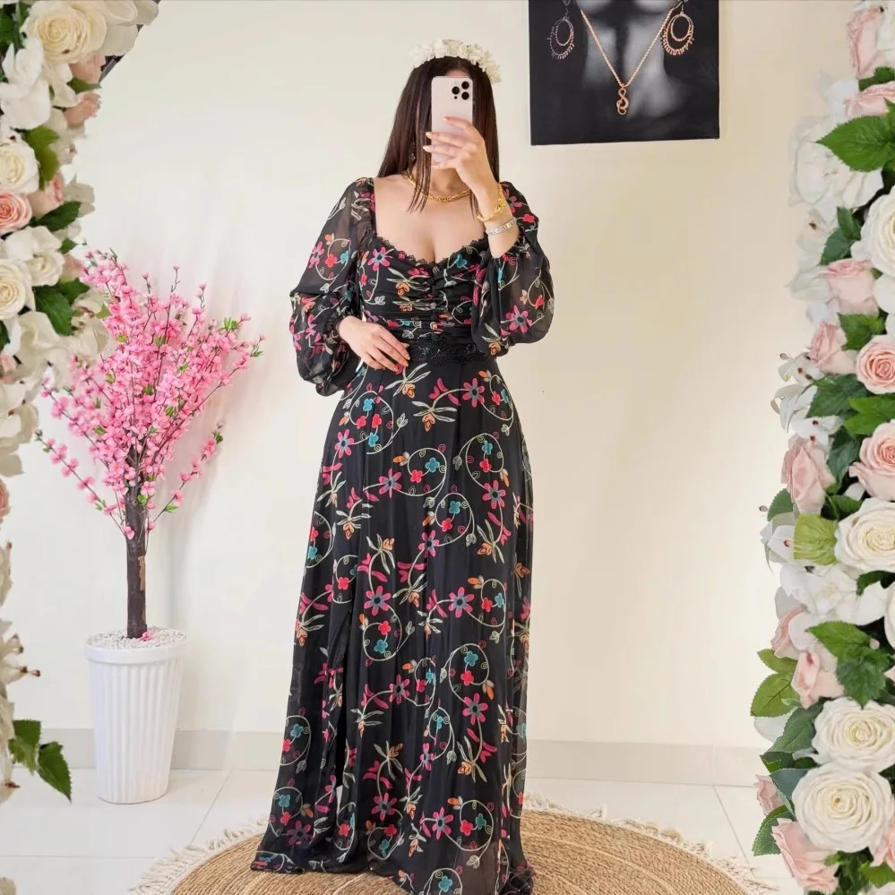 Vestido de encaje estampado de gasa para mujer, vestido largo de manga larga para primavera y verano, cintura alta, ajustado, largo vestido bohe Floral