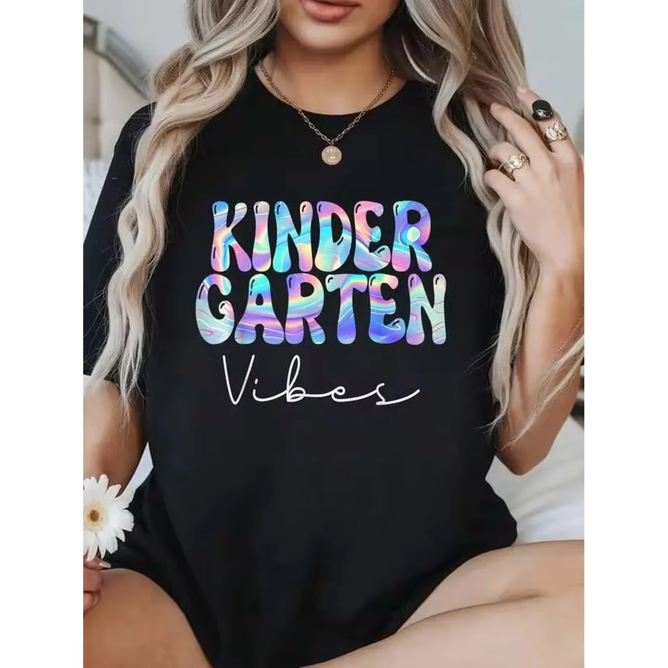 100% Cotton Summer Outfits For Women Kindergarten Vibes Groovy Back To School Teachers Women Girl T-Shirt Womens Soft Short Sleeve Top, Stylish Comfy Tee For Women Graphic Tees