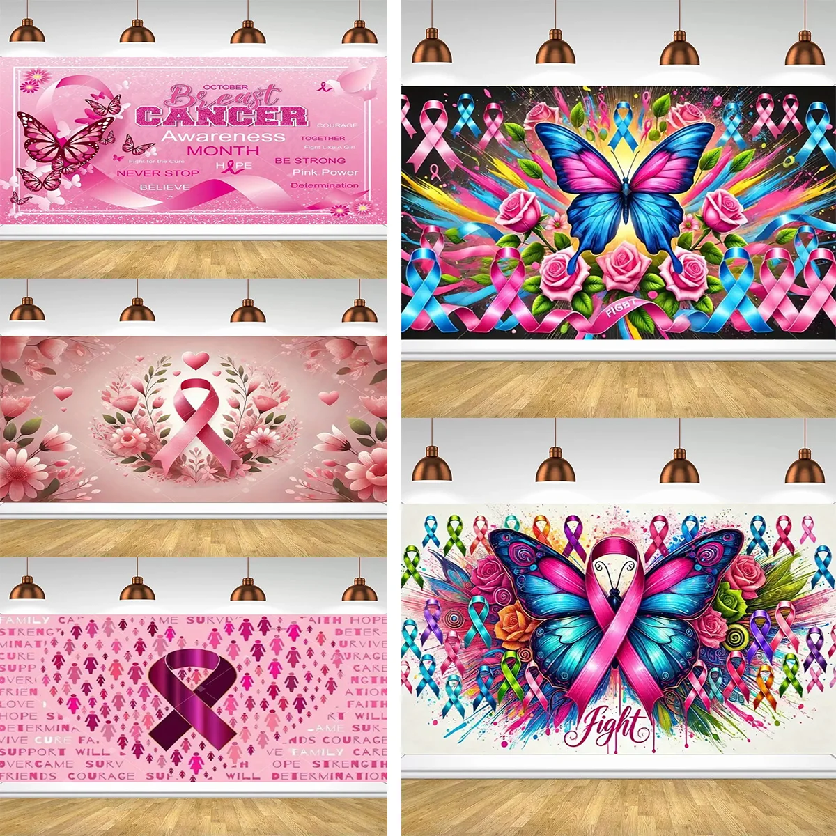 Décor de fête rose pour la sensibilisation au cancer du sein, toile de fond papillon floral, événement caritatif, collecte de fonds, accessoires de photomaton