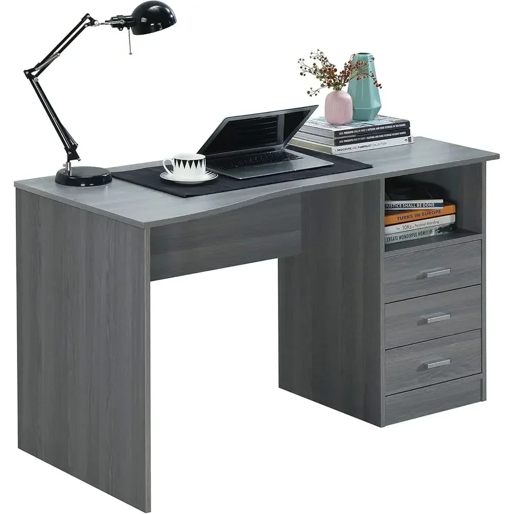51 Inch Modern Computer Desk with Drawers, 3-Drawer Home Office Desk in Light Grey with Storage