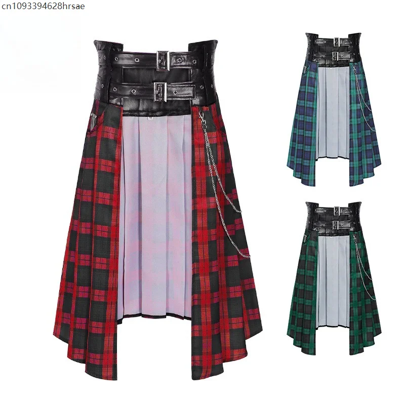 

Men Plaid Gothic Punk Rock Half Kilt Stage Performance Party Club Cosplay Half Skirt Man Streetwear Hip Hop Personality Skirt