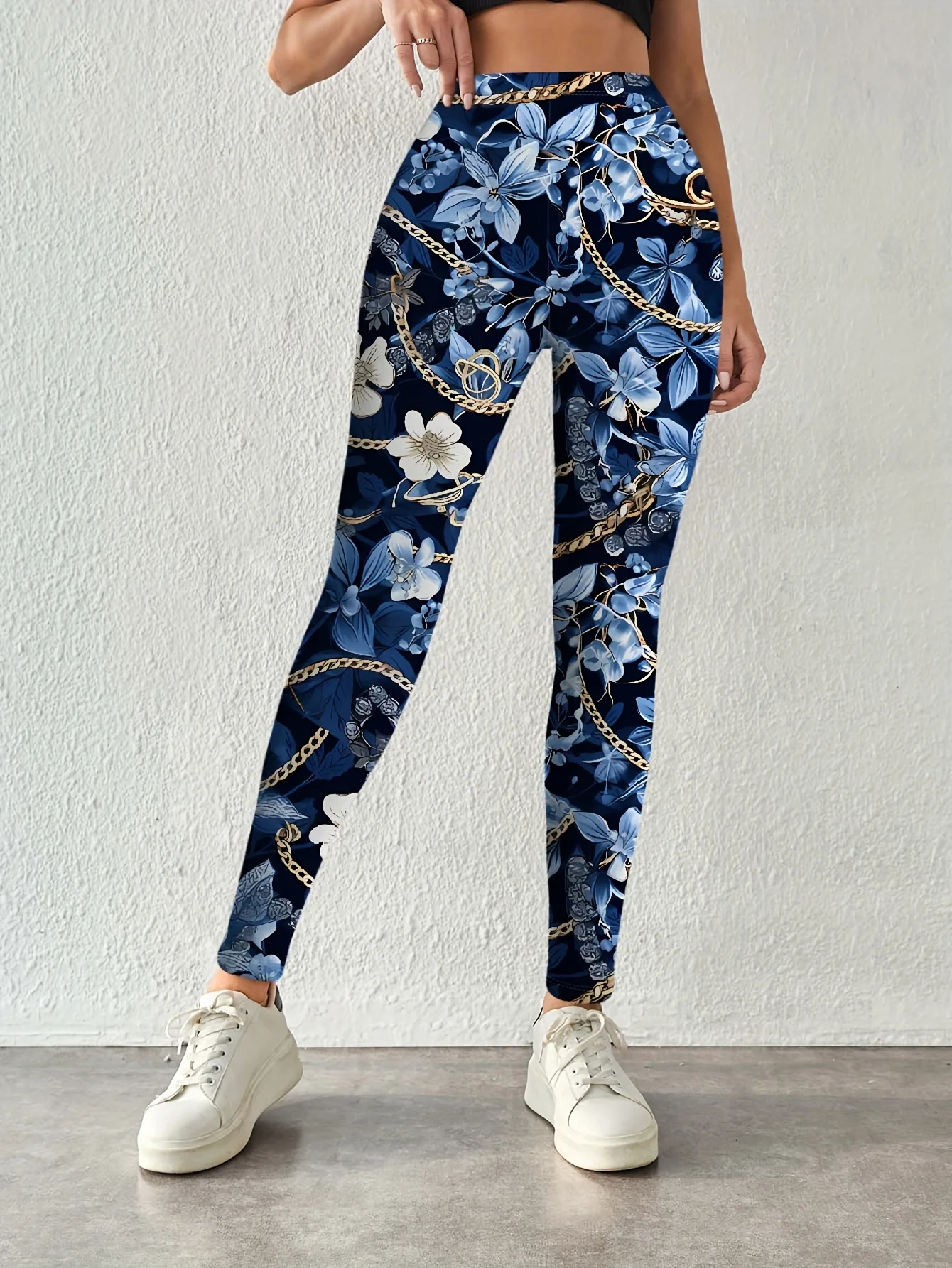 Women's Mid‑Rise Fleece Lined Leggings Blue Floral Gold Chain Print Stretch Slim Warm Ladies Casual Pants