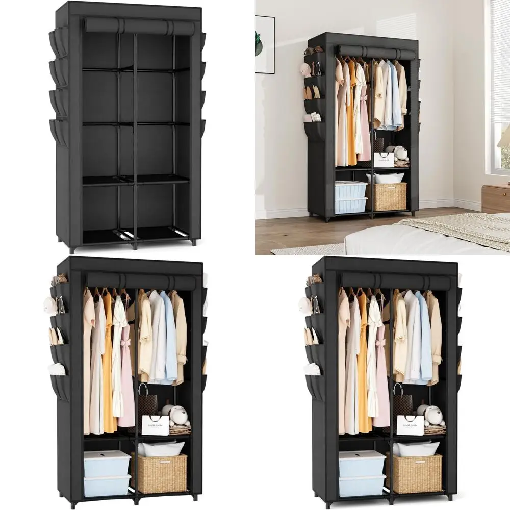 

Free-Standing Hanging Closet Organizer with 4 Shelves, 2 Rods, 8 Pockets - Black