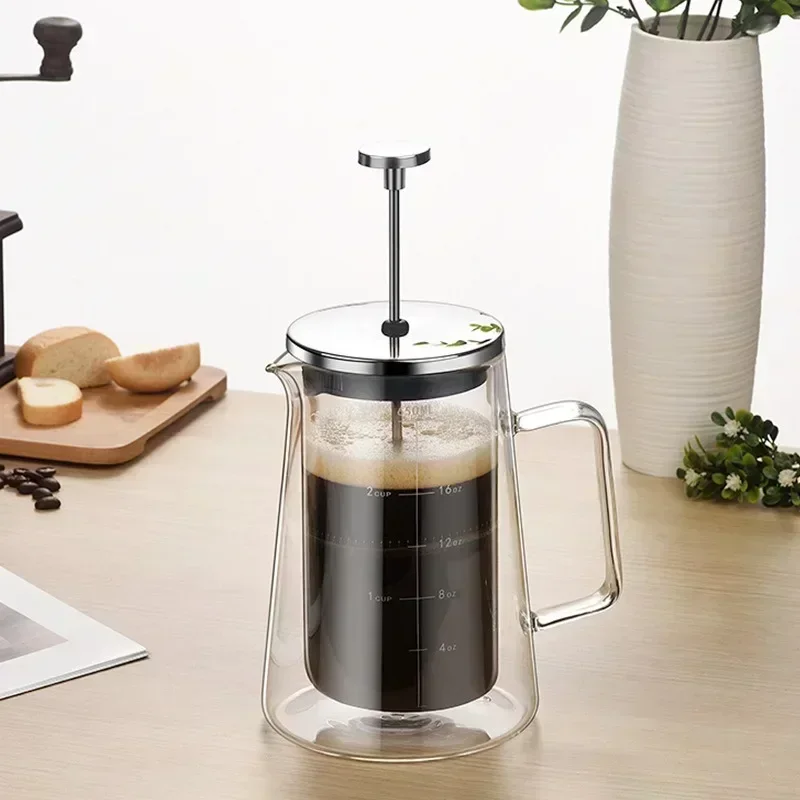 350ML/650ML/1000ML Glass French Press Heat-resistant Double-layer Filter Coffee Pot Household Filter Shared Pot Coffee Tool