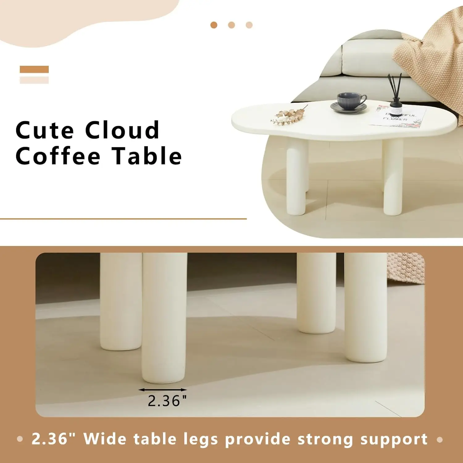 Cloud Coffee Table - Cute Coffee Table - Irregular Shape Coffee Table with 4 Legs - Modern End Table,Easy Assembly-White