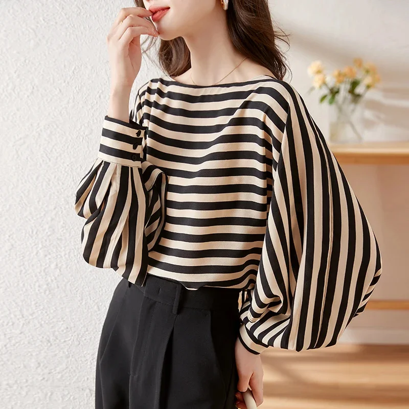 Elegant One-shoulder Temperament Top for Women 2025 Spring Autumn Classic Striped Lantern Sleeve Office Lady Loose Casual Blouse