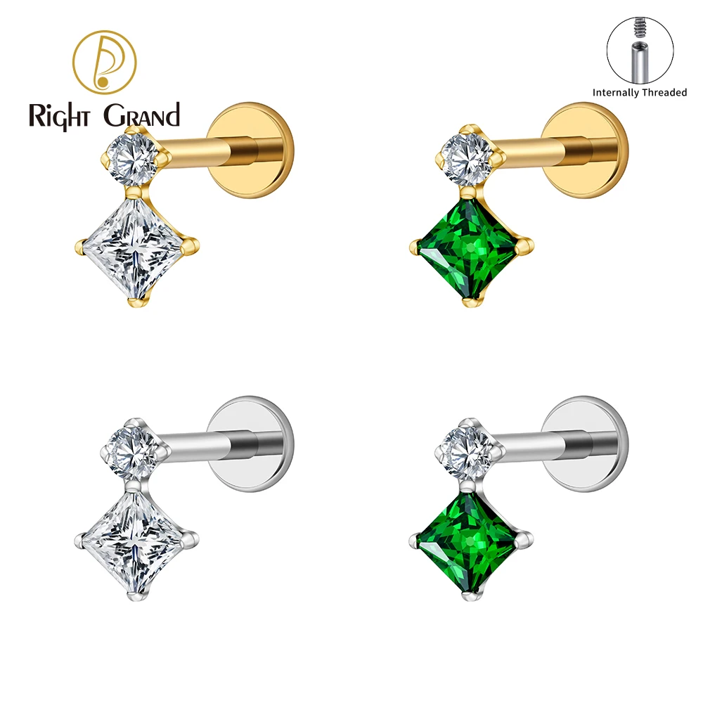 Right Grand ASTM F136 Titanium 16G Square & Round CZ Labret Stud Helix Conch Cartilage Earring Tragus Stud Piercing Body Jewelry