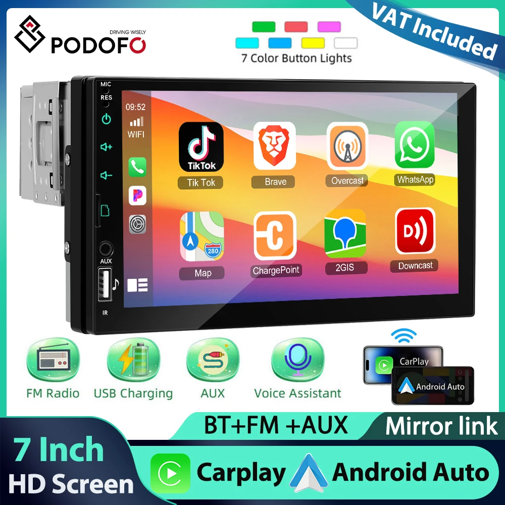 Odtwarzacz MP5 Podofo 1Din z 7-calowym ekranem dotykowym, uniwersalny odtwarzacz multimedialny, bezprzewodowy Carplay, Android Auto, EQ, BT, FM, Mirror Link, USB, SWC, radio samochodowe.
