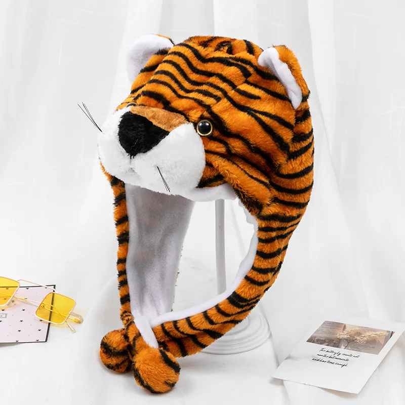 Children Adult Cartoon Cap Kindergarten Parent-Child Props Tiger Head Cover Plush Animal Hat Bonnets for Men Women Boys Girls