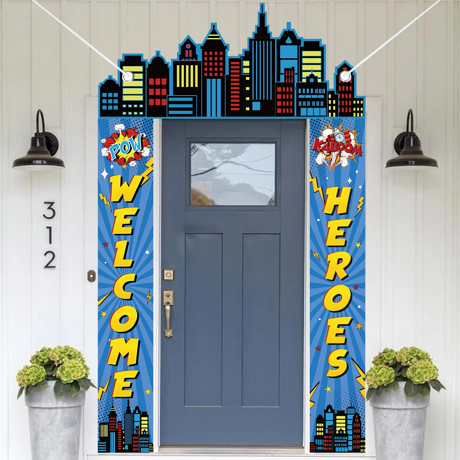 

Hero Party Blue Pink Themed Birthday Door Banner Skyline Building Porch Sign Hangi Super City Decoration Hero Themed Party Porch