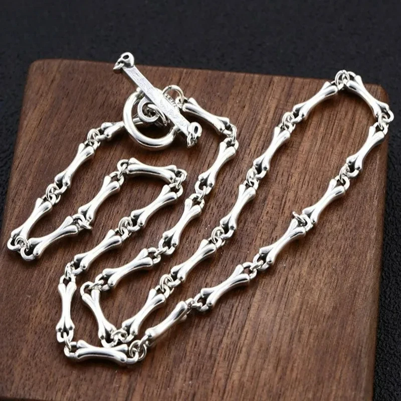 New 2021 Real Pure S925 Silver Retro Personality Bone Stitching Necklace Male Punk Rock Trend Jewelry