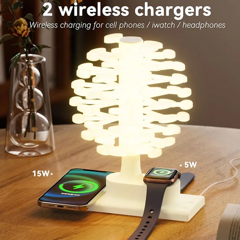 Spiral Table Lamp with Wireless Charger RGB Dimmable Rotating Tree Night Light USB Powered Touch Control Bedside Lamp Ideal Gift