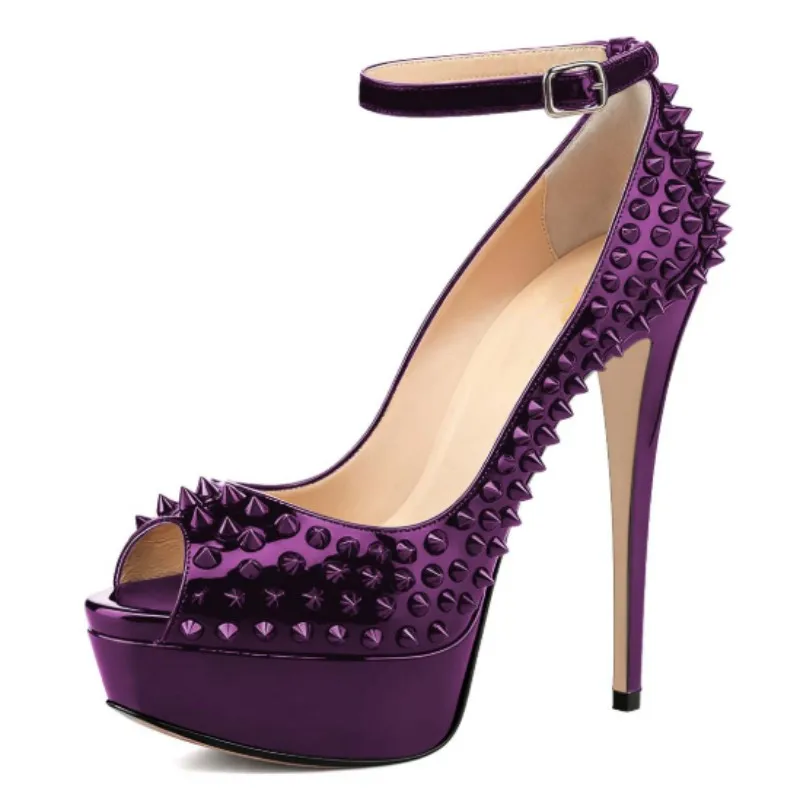 

DIZHUANG Fashionable women's high heels. Purple leather single shoes. About 15cm heel height Peep toe pumps Fashion show banquet