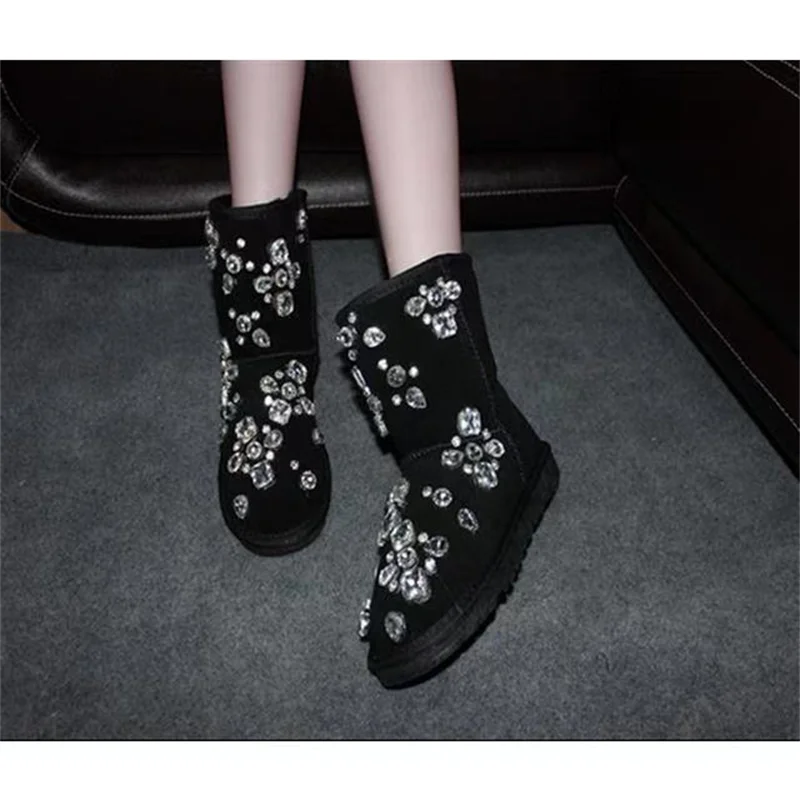 

Original design rhinestone flower leather snow boots Pearl diamond cowhide handmade snow boots mid-calf women's boots